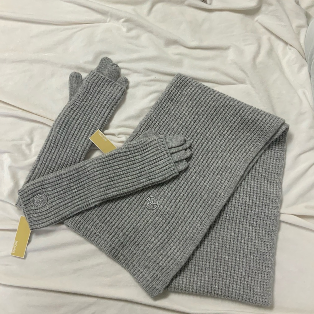 Gray Michael Kors Knit Scarf and Glove Set